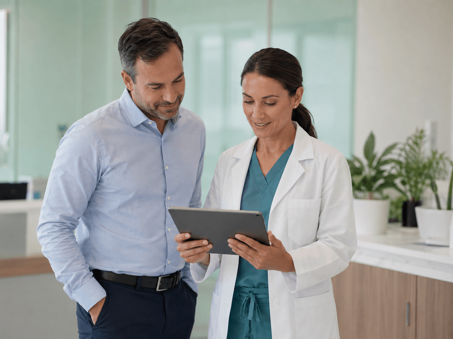 Physician and practice operations colleague planning together in a bright clinic